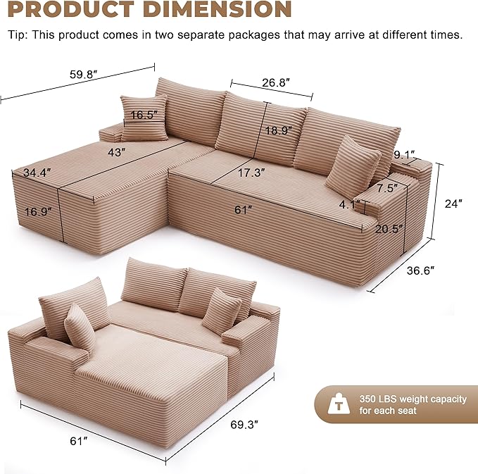 Mangodan Cloud Sectional Couch, Boneless Sofa for Living Room, Modular Sectional Sofa with Deep Seat, Fluffy Comfy Couch with L-Shaped Chaise, No Assembly Required, Camel