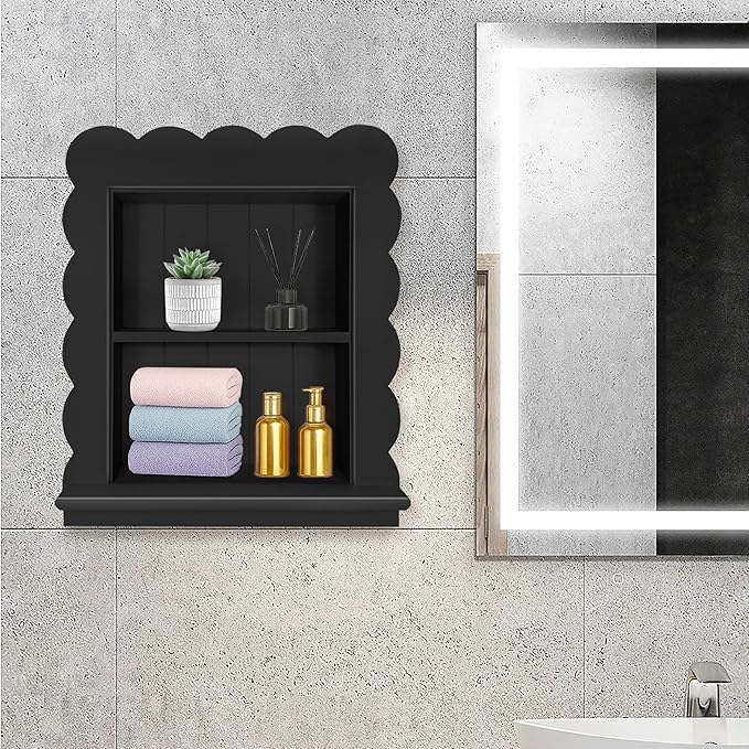 Royxen 14"x18" Recessed Medicine Cabinet, 2-Tier Wooden Bathroom Wall Cabinets Without Mirror,Scalloped Large Medicine Cabinet Niche for Bathroom Storage Organizer (Black, 14 x 18 Inch)