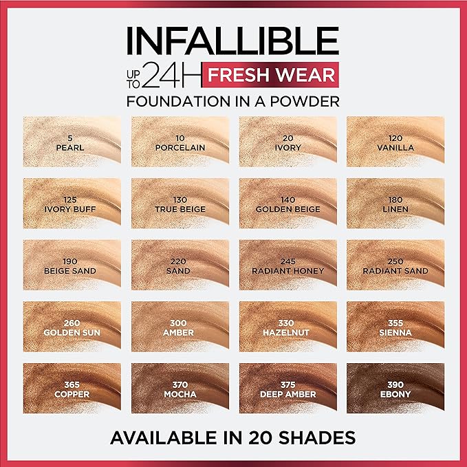 L'Oreal Paris Makeup Infallible Fresh Wear Foundation in a Powder, Up to 24H Wear, Waterproof, Radiant Honey, 0.31 oz. (Packaging May Vary)