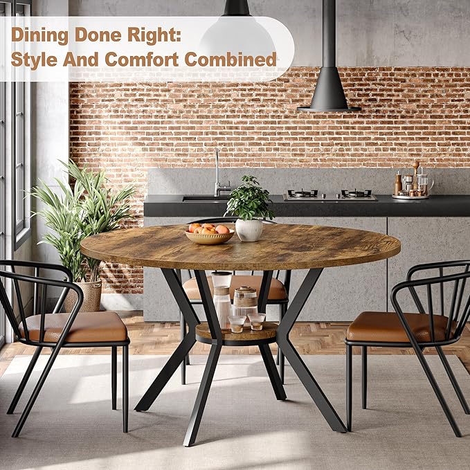 MECHYIN Round Dining Table for 2-4, 42 Inch Wood Kitchen & Dining Room Tables with Storage, Circle Dinner Table with Metal Legs, Space Saving Small Table for Dining Room, Kitchen, Rustic Brown
