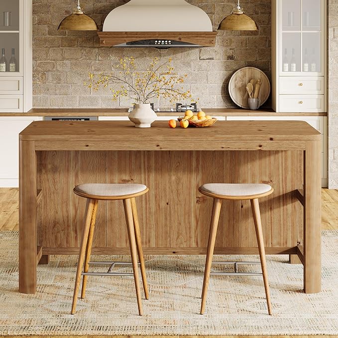 63-Inch Solid Wood Kitchen Island with Storage Shelves, Farmhouse Island Table with Seating, Counter Height Bar Table for Dining Room, Kitchen, Easy to Assemble, Natural Wood