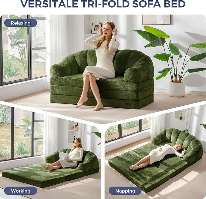 MAXYOYO Folding Sofa Bed, 2 in 1 Convertible Sofa to Lounger Comfy Loveseat Bean Bag Chair for Adults, Floor Sleeper Couch with Handle, Faux Fur Couch Bed for Living Room Bedroom, Green, Loveseat