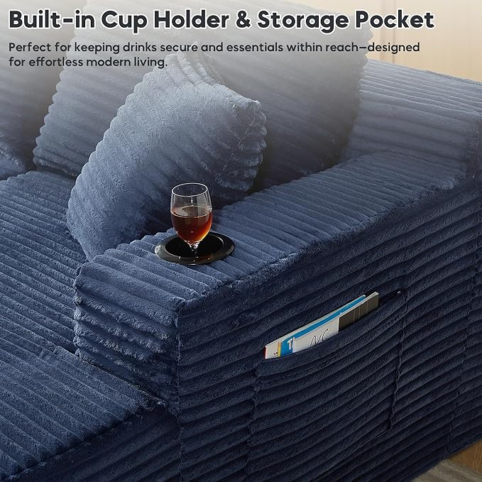125 Inch Modular Sectional Sofa, Cloud Couch Oversized U Shaped Corduroy Sofa with Storage & Cupholders, Modern Deep Seat Boneless Couches for Living Room, No Assembly Required, Blue