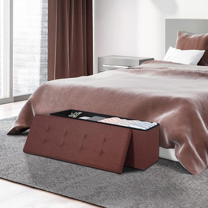 SUPER DEAL 43 Inches Foldable Storage Ottoman Bench - 660 LBS Collapsible Space-Saving Seat, Linen Fabric Foam Padding for Living Room Bedroom Dorm - Easy to Assemble, Brown