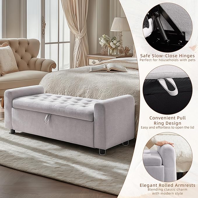 48" Ottoman with Storage, Tufted Storage Ottoman Bench, Convenient Living Room Fabrics Bench Seat, Entryway Shoe Benches with Inner Zipper & Arm, Rivetless Upholstered Window Seat Ottomans, Light Grey