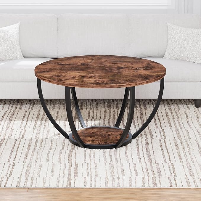 HOMERECOMMEND 28" Round Coffee Table with Storage,2-Tier Wood Accent Center Table for Living Room,Sofa Table for Home Office, Brown