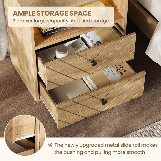 Modern Nightstand with Charging Station,LED Bedside Table with 2 Storage Drawers and Open Storage Cabinet,Wood Large End Table for Bedroom Furniture,Oak