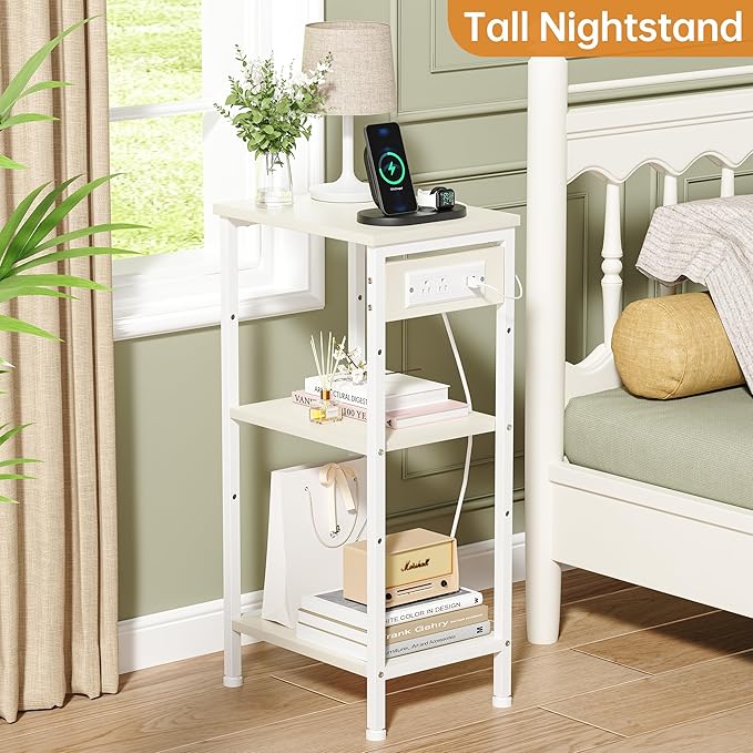Asgolion Tall End Table with Charging Station, 3 Tier Narrow Tall Nightstand with Storage, Slim Side Table for Bedroom, Living Room, Nursery, Office, Cream White