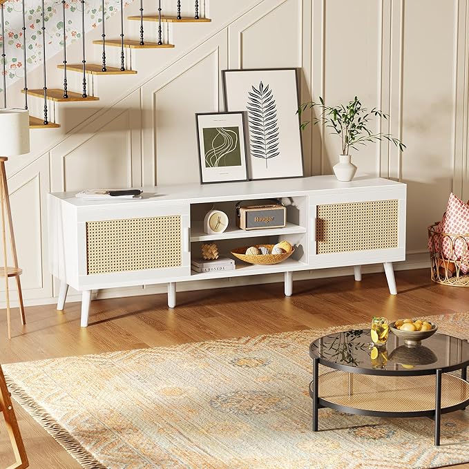 SUPERJARE TV Stand for 65 Inch TV, Entertainment Center with Adjustable Shelf, Rattan TV Console with 2 Cabinets, Media Console, Solid Wood Feet, 4 Cord Holes, for Living Room, White