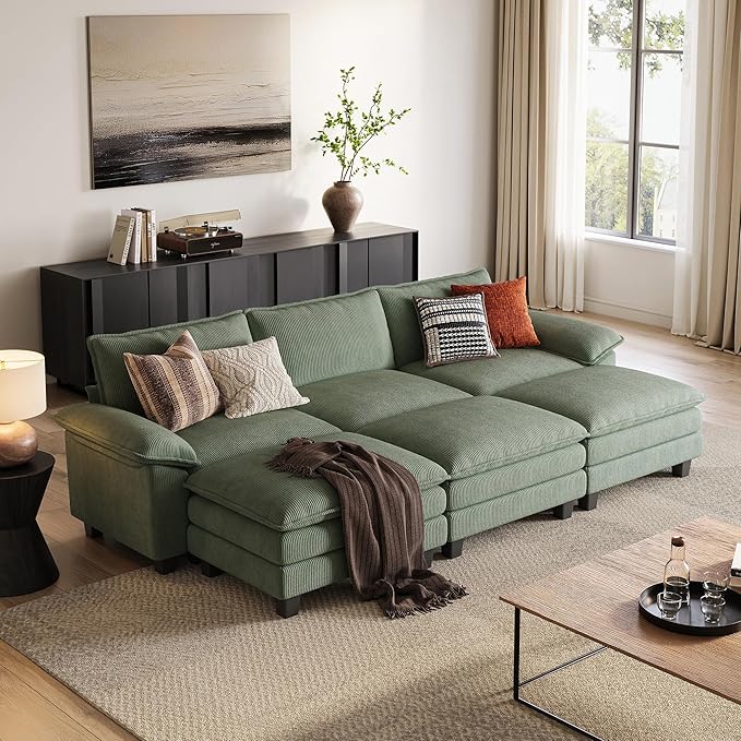 LINSY HOME 123" Modular Sectional Sofa, 3-Seat Corduroy Modern Cloud Couch with Deep Seat & 3 Movable Ottoman, Perfect for Living Room, Office, Bedroom, Green