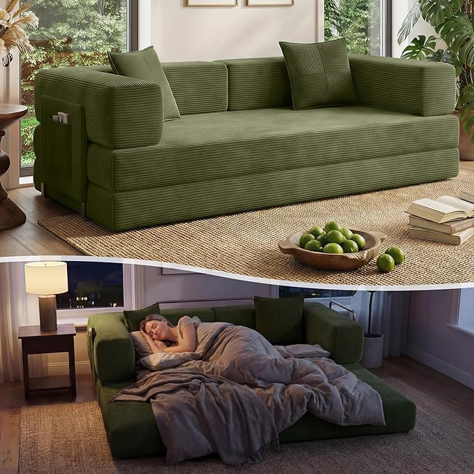 78.8" Convertible Sofa Bed with Armrest Pillow, 4-in-1 Sleeper Couch Bed for Livingroom, Modular Corduroy Boneless couches, No Assembly (Green)
