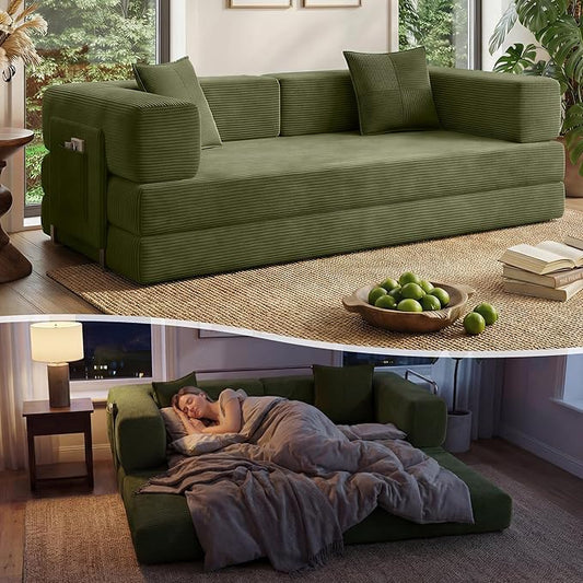 78.8" Convertible Sofa Bed with Armrest Pillow, 4-in-1 Sleeper Couch Bed for Livingroom, Modular Corduroy Boneless couches, No Assembly (Green)