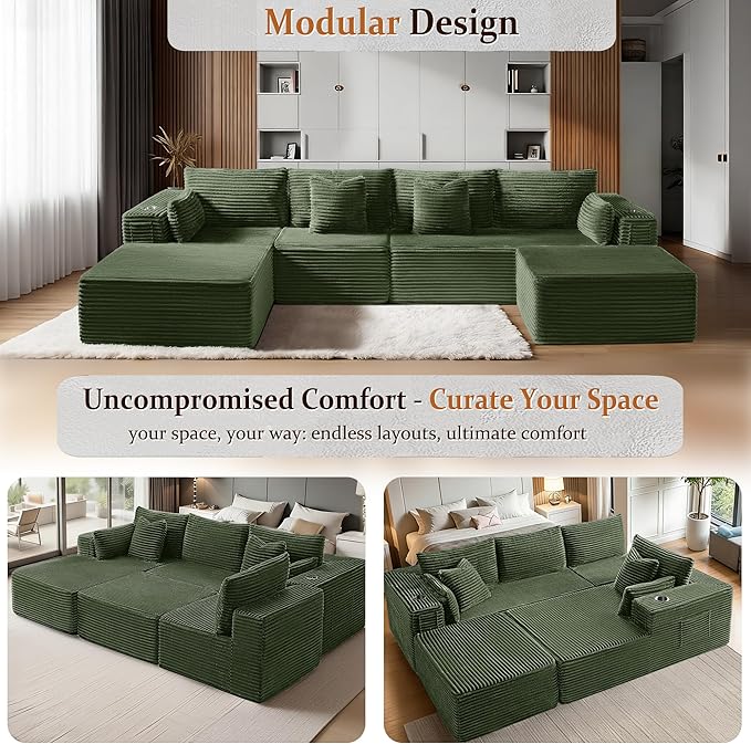 30" Cloud Sectional Couch Single Seat for Living Room, Extra Deep Seats No Assembly, Minimalist Modular Couch, Corduroy (Olive Green, Single seat)