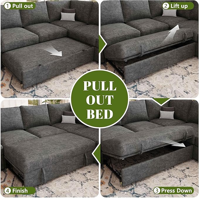 85 Inch Modular Sectional Sofa with Pull Out Bed,L Shaped 5 Seat Sectional Sleeper Sofa with Storage,Sectional Couches for Living Room,Cloud Modular Couch,Removable Sofa Cover, Dark Grey
