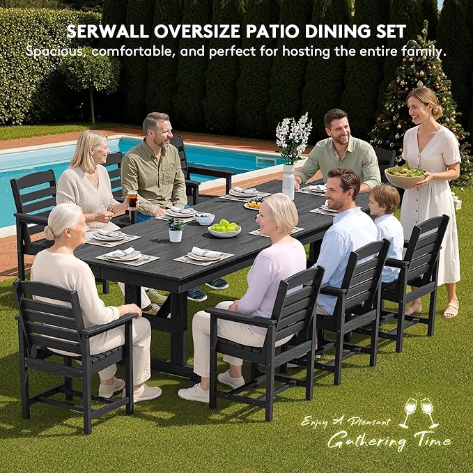 SERWALL 9 Piece Outdoor Dining Set, 84" HDPE Outdoor Table and Chairs for 8，All Weather Patio Dining Furniture Set with Umbrella Hole for Backyard, Garden, Black
