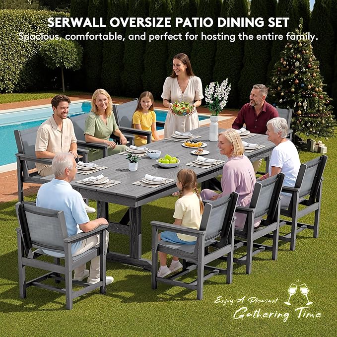 SERWALL 9 Piece Outdoor Dining Set, 84" HDPE Outdoor Large Table and Textilene Sling Chairs for 8，All Weather Patio Dining Furniture Set with Umbrella Hole for Backyard, Garden, Gray