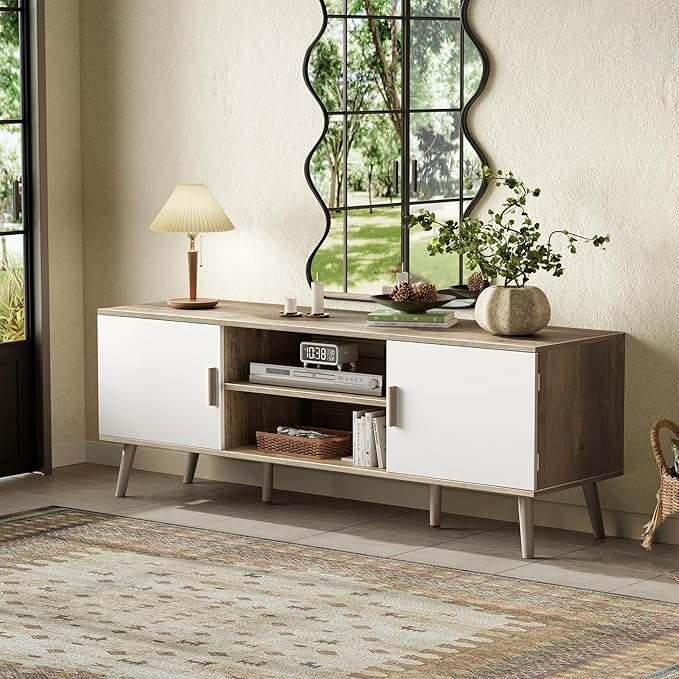 SUPERJARE TV Stand for 55 Inch TV, Entertainment Center with Adjustable Shelf, 2 Cabinets, TV Console Table, Media Console, Solid Wood Feet, Cord Holes, for Living Room, Bedroom, Gray and White