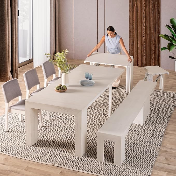 Transformer Table - Solid Wood Extendable Dining Table, Seats 2-12, Expandable Dining Room Table, Space-Saving Furniture, Kitchen and Dining Room Furniture (White, Table + Bench + 4 Chairs)