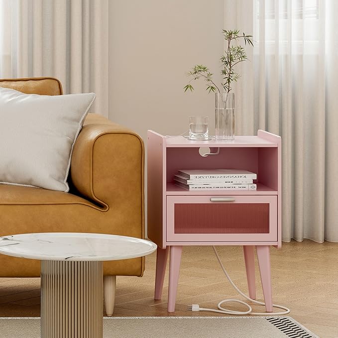 MMEOLUOOK Nightstand with Charging Station, Bedside Tables Pink End Table Side Table with 2 Tiers Storage Space, for Bedroom Living Room MLBZ07PE