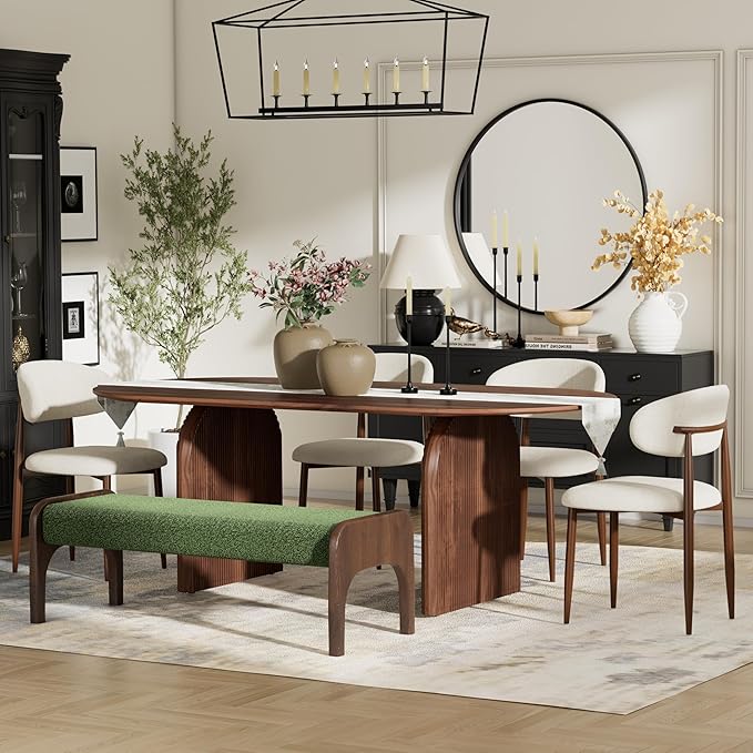 6-Piece Mid-Century Modern Dining Table Set, 63" Walnut Rectangular Table with 2 Dining Chairs & Bench, Dining & Kitchen Room Set for 6, Space-Saving Rustic Dining Set,Beige&Green