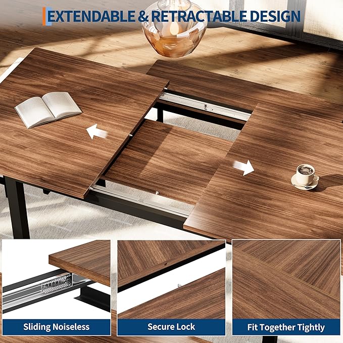 Garvee 5 PCs Extendable Dining Table Set for 4-8 People, 63 in Kitchen Table with 2 Benches & 2 Stools, Modern Dining Room Furniture, Easy Assembly Metal Frame