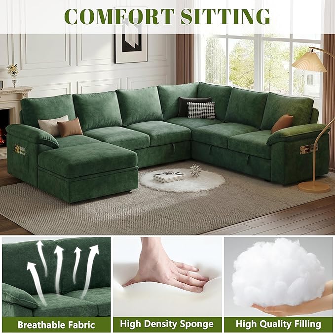 108 Inch Modular Sectional Sofa with Pull Out Bed,U Shaped 7 Seat Sectional Sleeper Sofa with Storage,Sectional Couches for Living Room,Cloud Modular Couch,Removable Sofa Cover,Green