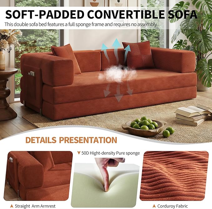 78.8" Convertible Sofa Bed with Armrest Pillow, 4-in-1 Sleeper Couch Bed for Livingroom, Modular Corduroy Boneless couches, No Assembly (Orange)