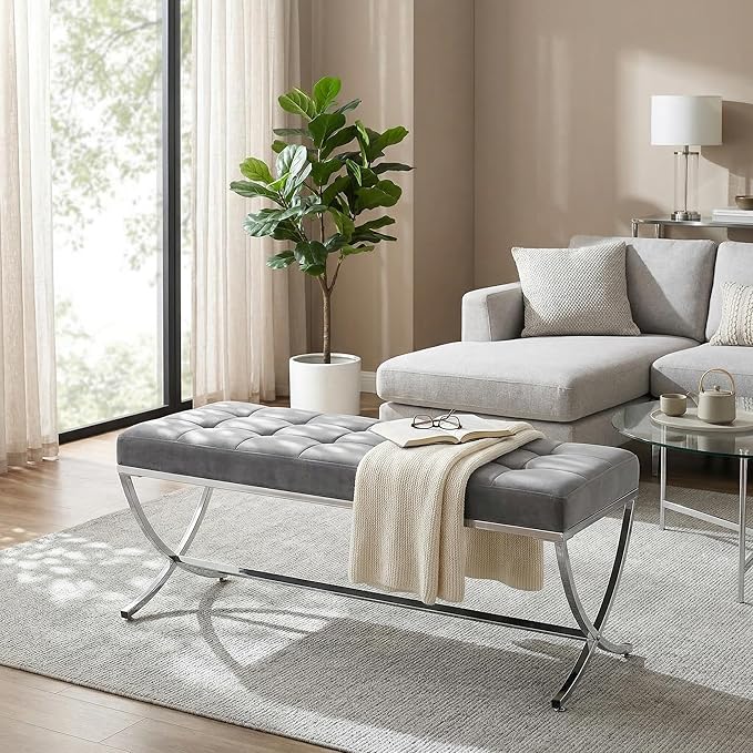 LukeAlon Modern Velvet Dining Bench, Button Tufted Ottoman Bench with X-Shape Chrome Finish Upholstered End of Bed Bench Comfy Entryway Bench for Bedroom Kitchen, Grey
