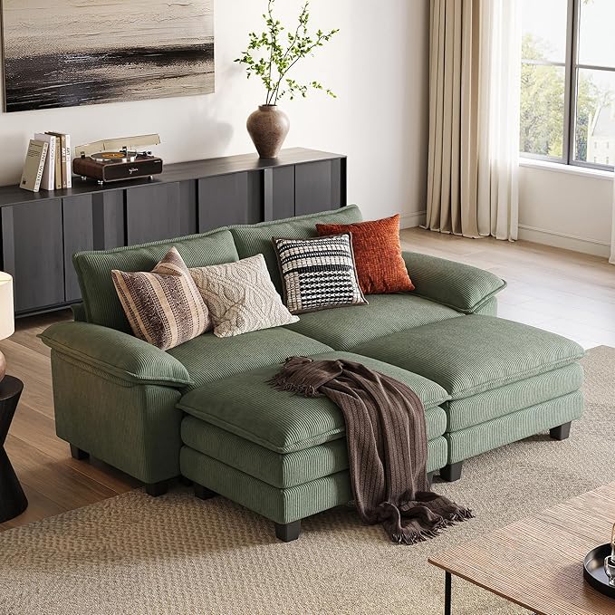 LINSY HOME 90" Modular Cloud Love Seat Sofa, Corduroy Soft Sectional Couch, Modern Comfy Love Seat with 2 Movable Ottoman, Perfect for Living Room, Apartment, Office, Green