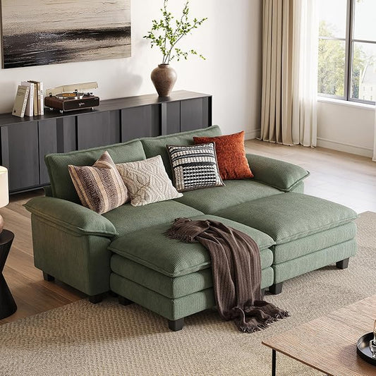 LINSY HOME 90" Modular Cloud Love Seat Sofa, Corduroy Soft Sectional Couch, Modern Comfy Love Seat with 2 Movable Ottoman, Perfect for Living Room, Apartment, Office, Green