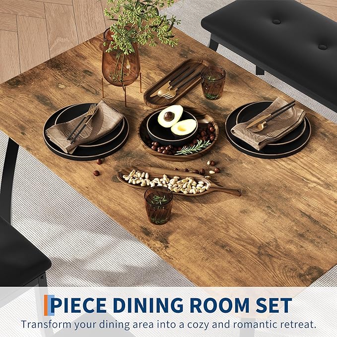 IDEALHOUSE 43'' Dining Table Set for 4, Wooden Kitchen Table with Upholstered Bench & 2 Cushion Chairs, Industrial Dinette Set for Studio, Kitchen, Dining Room, Apartment, Retro