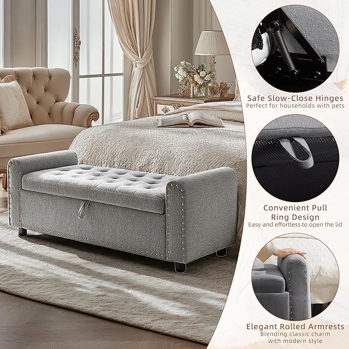 48" Ottoman with Storage, Tufted Storage Ottoman Bench, Convenient Living Room Fabrics Bench Seat, Entryway Shoe Benches with Inner Zipper&Arm, Upholstered Window Seat Ottomans with Rivets, Dark Grey