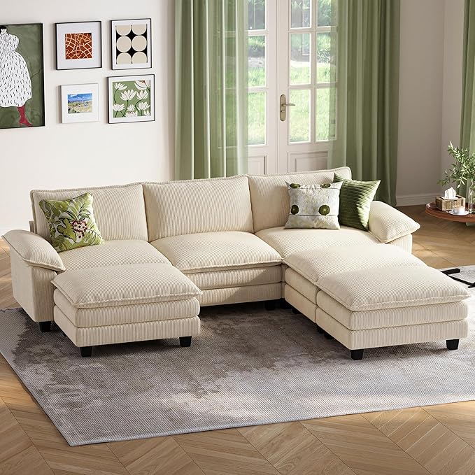 LINSY HOME 123" Modular Sectional Sofa, 3-Seat Corduroy Modern Cloud Couch with Deep Seat & 3 Movable Ottoman, Perfect for Living Room, Office, Bedroom, Beige