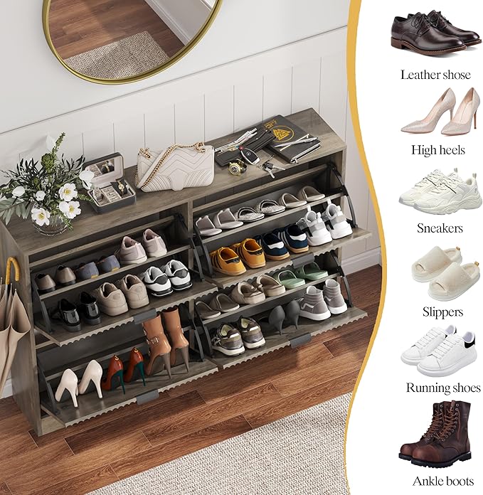 HUANLEGO Shoe Cabinet Storage for Entryway with 4 Flip Drawers, Grey Fluted Shoe Cabinet with Adjustable Shelves, Wooden Hidden Shoes Rack Freestanding Narrow Slim Shoes Storage for Hallway, Entrance
