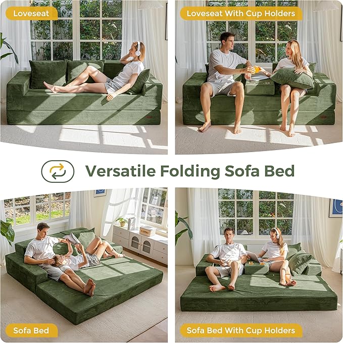 MAXYOYO Convertible Sofa Bed, 80" Oversized Boneless Loveseat Couch 4 in 1 Foldable Floor Sofa Couch in A Box with 2 Cup Holders, Folding Sleeper Chair for Living Room, No Assembly Required, Green