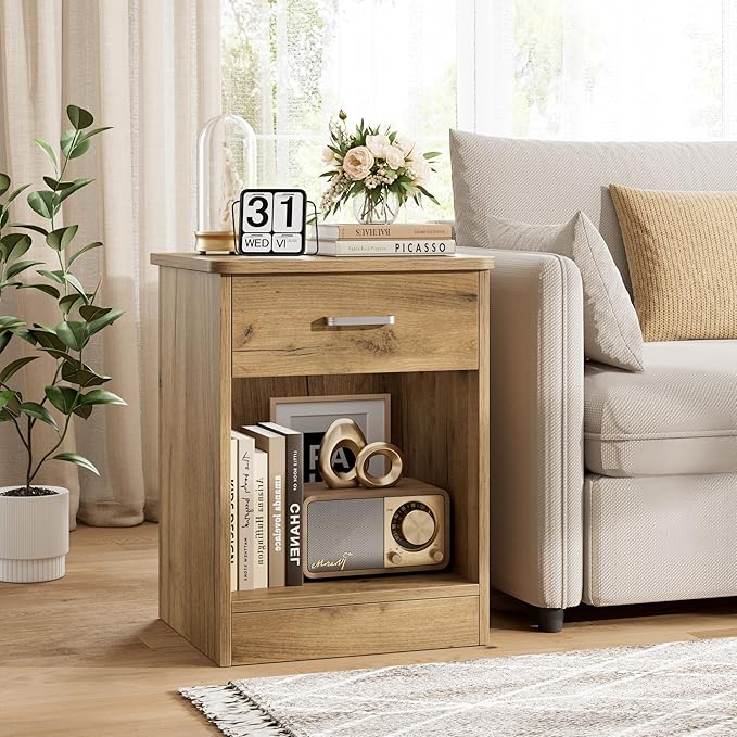 FOTOSOK Nightstand Set of 2, Wood Night Stand Side Table with Drawer and Storage Shelf, Bedside Table End Table, Night Stand for Bedroom, Home Office,Wooden Grain