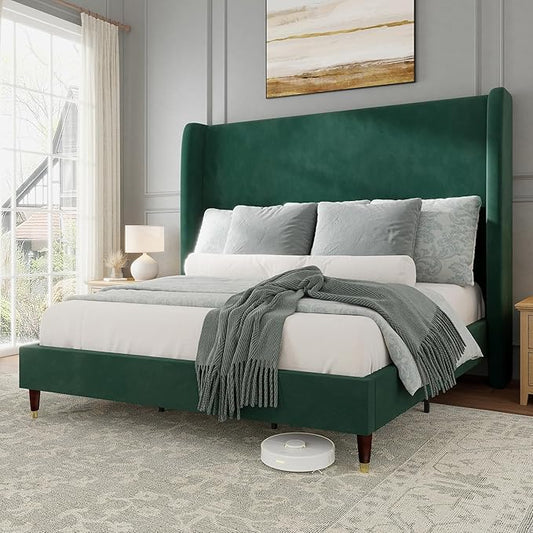 Jocisland Queen Size Bed Frame 51.2" Wingback Headboard Velvet Upholstered Platform Bed,Solid Wood Legs & Wooden Slats,No Box Spring Needed,Noise-Free,for Family Master Suite Bedroom Upgrade,Green