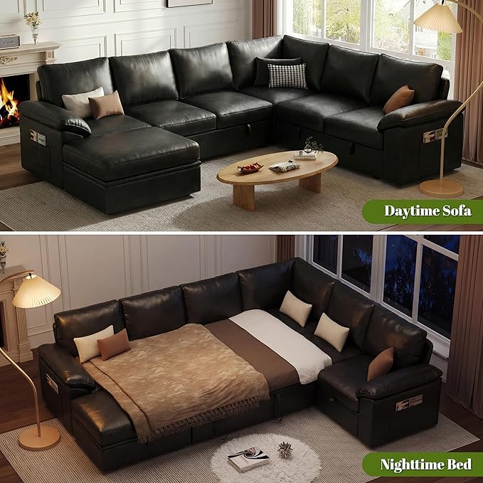 108 Inch Faux Leather Modular Sectional Sofa with Pull Out Bed,U Shaped 7 Seat Sectional Sleeper Sofa with Storage,Sectional Couches for Living Room,Cloud Modular Couch,Black Leather