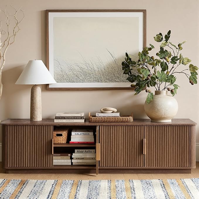 win2win 67" TV Stand for 80 Inch TV, Mid Century Modern Fluted Entertainment Center with Faux Marble Top, Curved Corners, Minimalist Media Console with Storage for Living Room Bedroom, Walnut