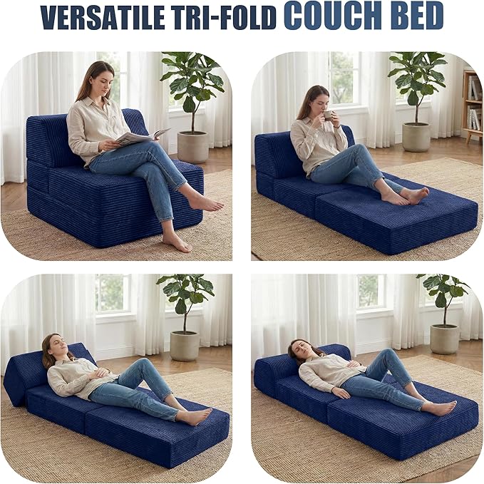 Kasunpul Folding Sofa Bed with Pillow, Memory Foam Fold Out Chair Bed, Convertible Sleeper Chair with Washable Cover, Futon Floor Couch for Living Room/Dorm/Guest Use/Home Office/Apartment, Navy Blue