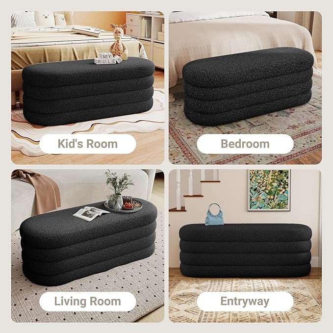 Busaurus Storage Ottoman Bench 49.2 Inch Upholstered Fabric Storage Bench for Bedroom End of Bed Aesthetic Large Oval Ottoman for Living Room Entryway (Black)