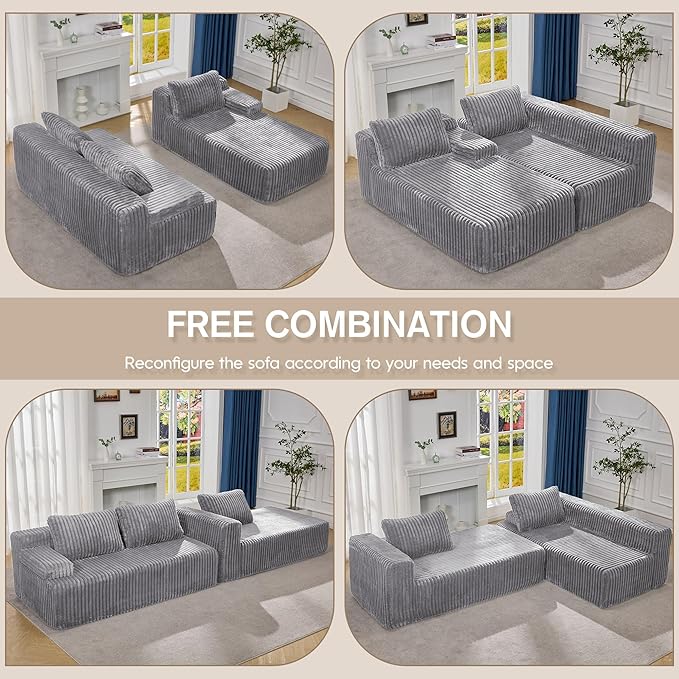 Hobestluk Modular Sectional Sofa Boneless Couch L-Shape Couch 3 Seat Modular Couch Memory Foam Sectional Couches for Living Room Furniture, Cloud Couch with Oversized Chaise (108" Right Facing Chaise)