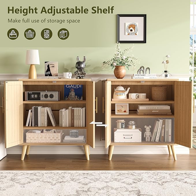 15.7"D Rattan Buffet Sideboard Cabinet with Storage, Modern Accent Cabinet with Adjustable Shelf & Solid Wood Legs, Coffee Bar Cabinet with Doors for Kitchen, Living Room, Entryway, Natural Oak