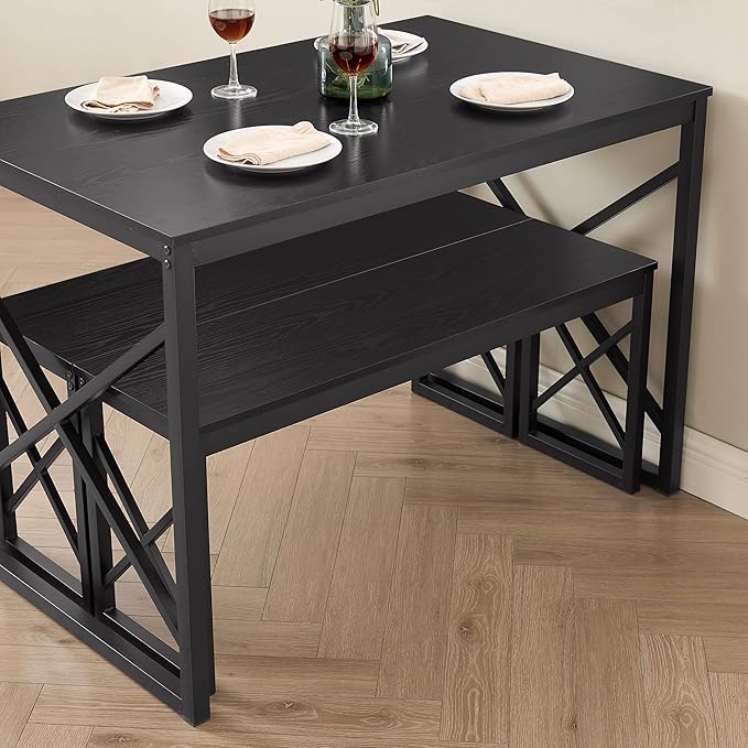 VECELO 43.3" Kitchen Dining Table Set for 4, Heavy-Duty Steel Frame & Wood-Grain Tabletop, Space-Saving Dinette Sets with 2 Benches for Breakfast Nook and Small Space, Black