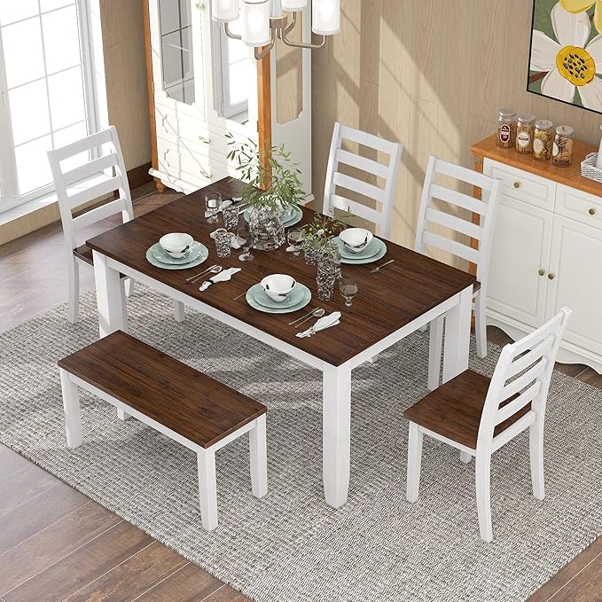 Harper & Bright Designs Rustic Style 6-Piece Dining Room Table Set with 4 Ergonomic Designed Chairs & a Bench (Walnut + Cottage White)