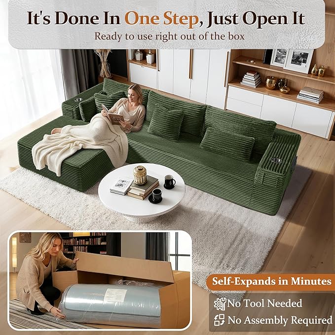 108" Cloud Sectional Couch, Comfort L Shaped Boneless Couch for Living Room, Extra Deep Seats No Assembly, Minimalist Modular Sofa, Corduroy (Olive Green, 2 Seater+Right Facing Chaise)