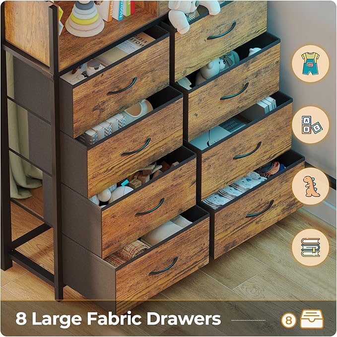 ADORNEVE Twin Size Loft Bed with Desk and 8 Storage Drawers, Metal Kids Loft Bed Twin with LED Lights & Charging Sation, Storage Shelves, 13.1" H Safety Guard & Ladder, Rustic Brown