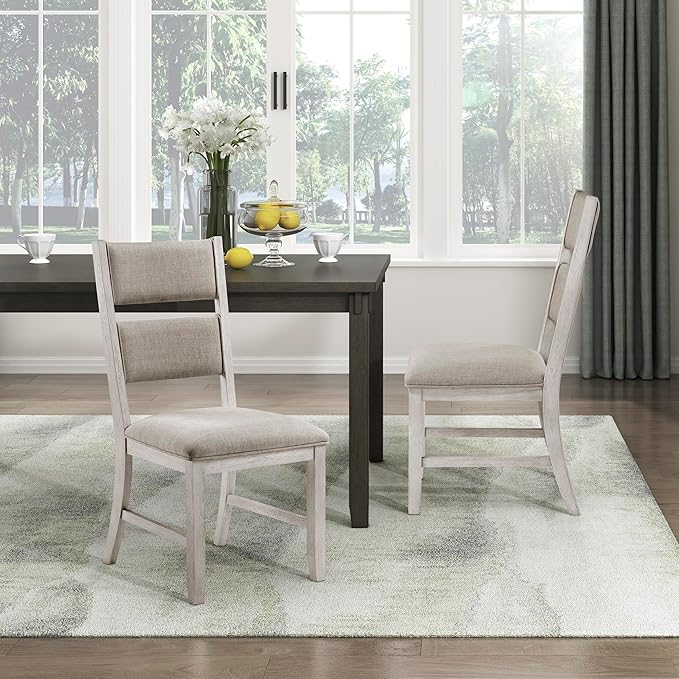 Lexicon Dining Chair Set of 2, Wooden Kitchen Chairs with Light Gray Textured Fabric Upholstered Seats and Back Rest, Accent Seating for Dining Room/Kitchen, Assembly Required, Brushed Antique White