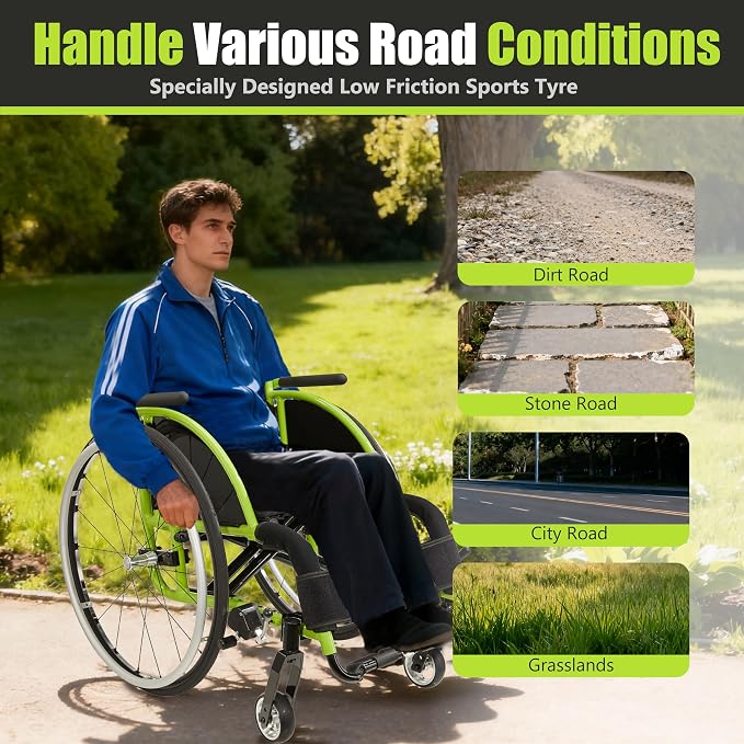 14" W x 14" D Seat Ultra-Light 24 lbs Aluminum Wheelchair for Adults, Foldable & Portable with 24" Quick-Release Wheels - 250 lbs Capacity Sport & Travel Chair(Green)