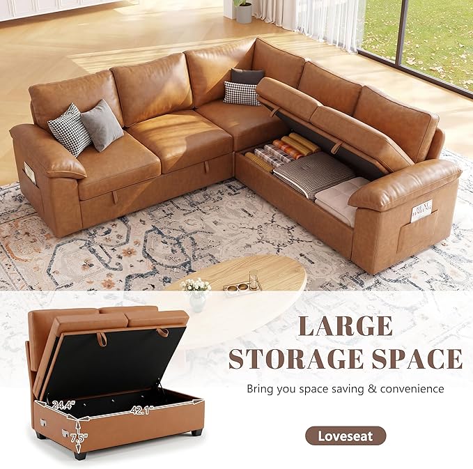 85 Inch Faux Leather Modular Sectional Sofa with Pull Out Bed, L Shaped 5 Seat Sectional Sleeper Sofa with Storage, Sectional Couches for Living Room, Cloud Modular Couch,Brown Leather